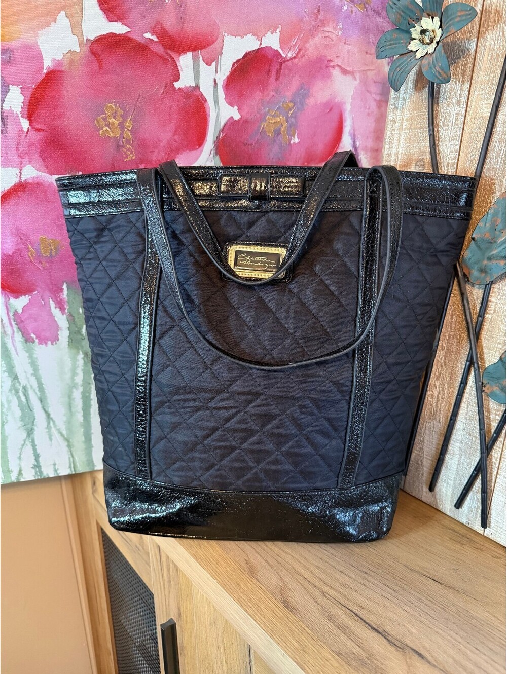Christian Audigier Black Quilted Tote Bag with Patent Trim